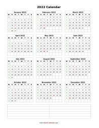 Blank Calendar 2022 (one page, vertical, space for notes)