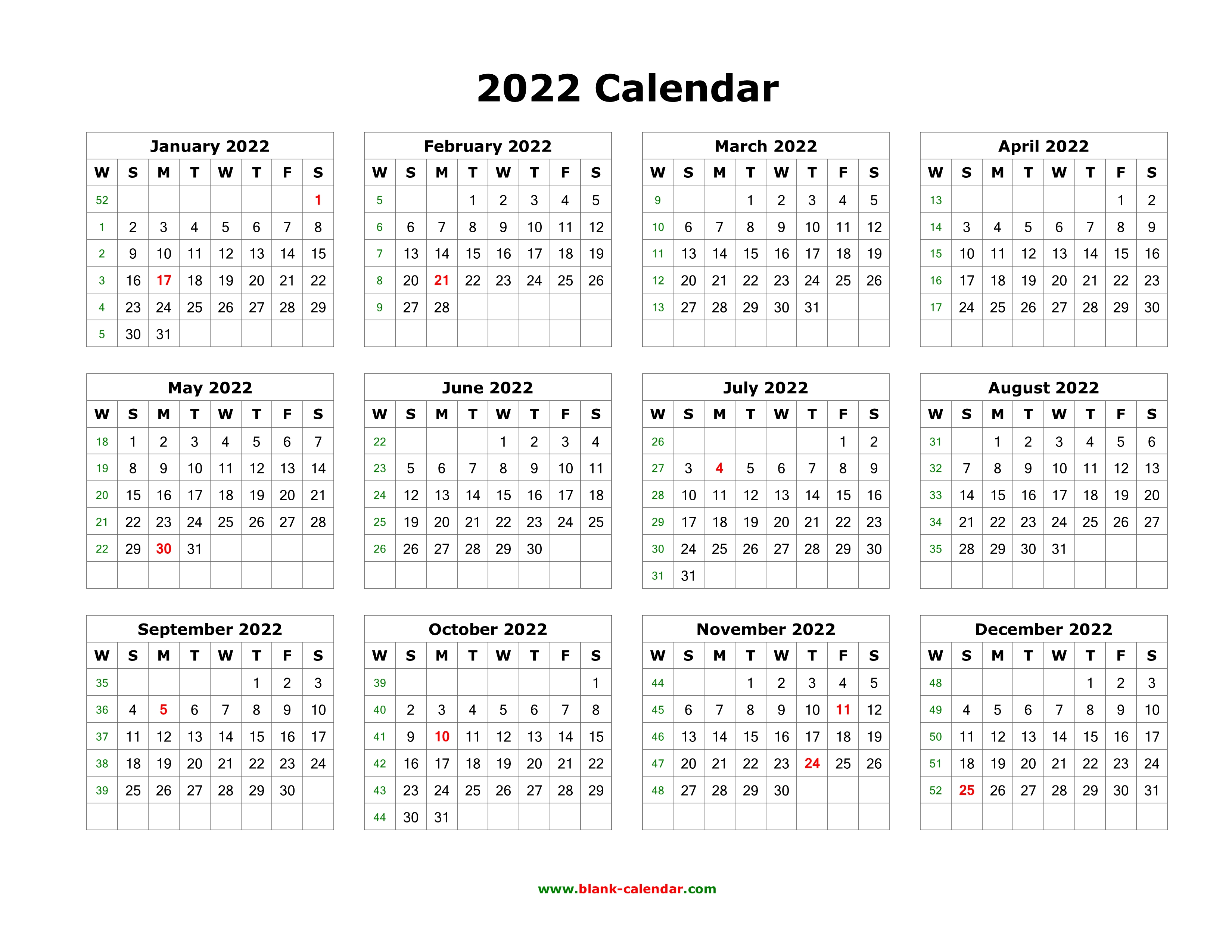 Printable Planning Calendar 2022