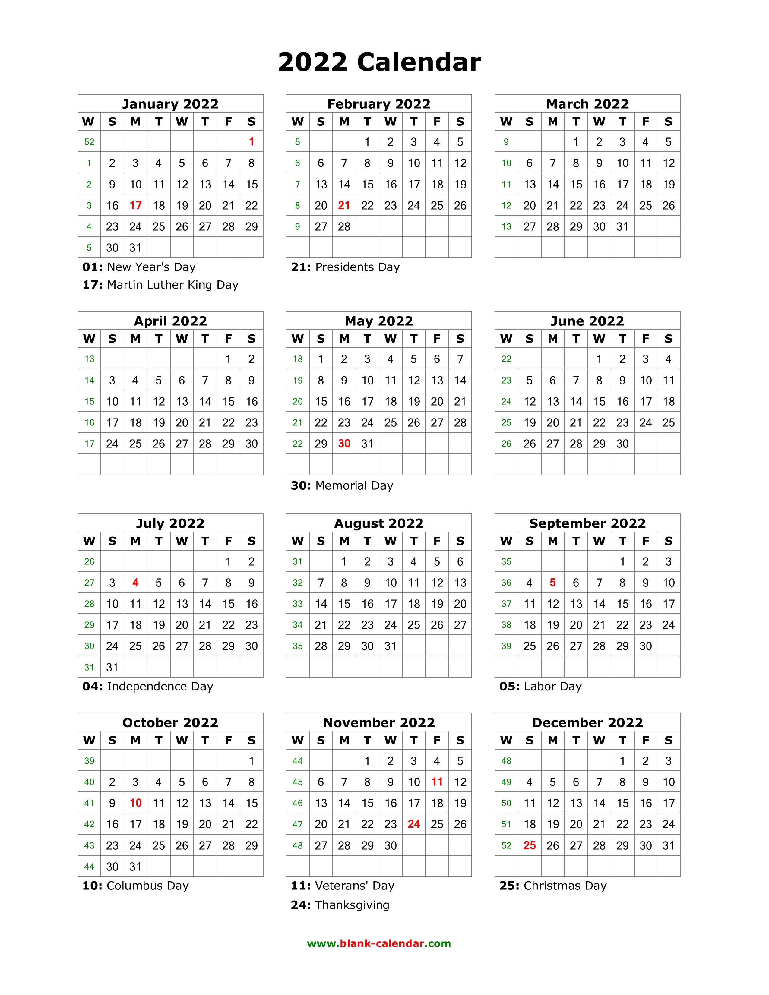 Download Blank Calendar 2022 With Us Holidays 12 Months On One Page Vertical