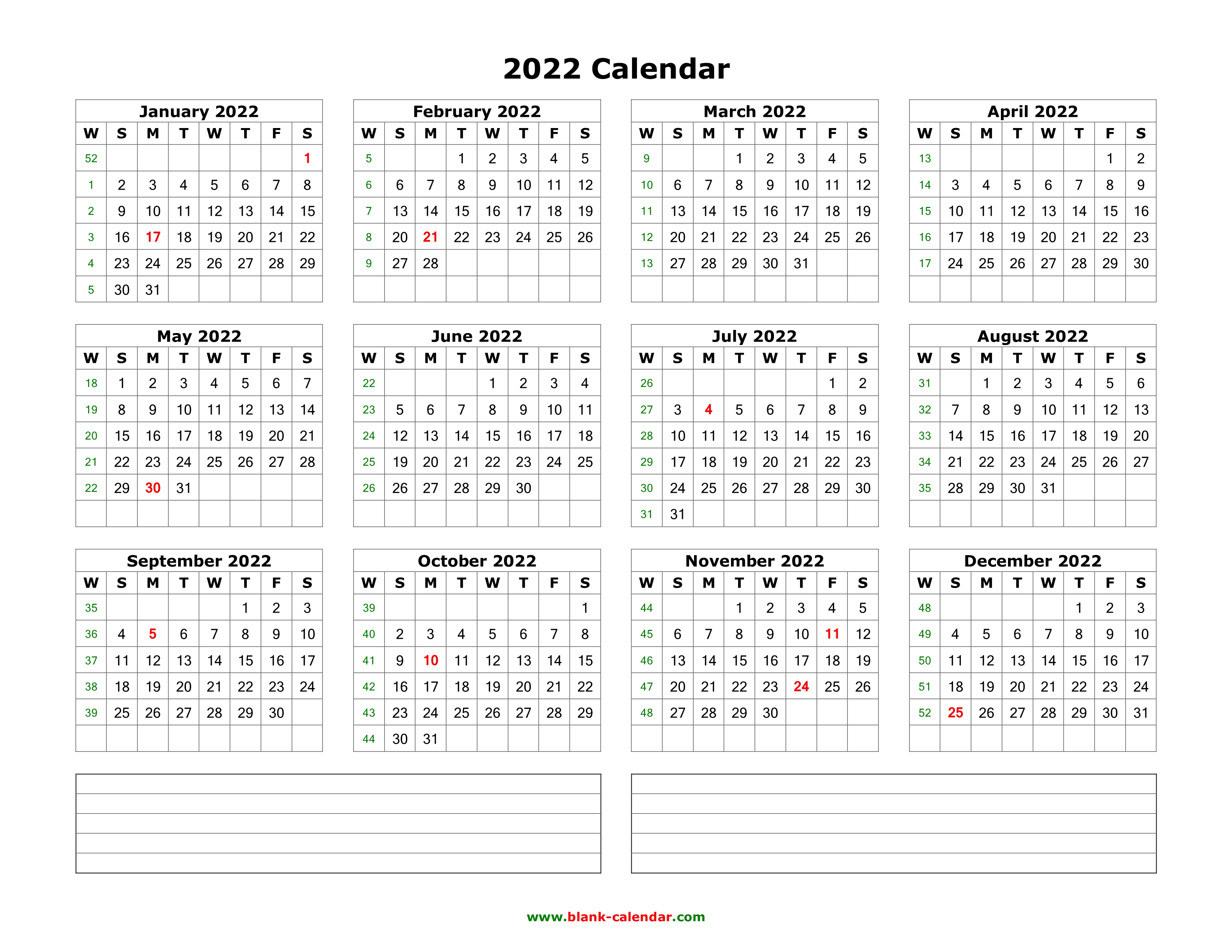 Printable Calendar 2022 With Notes Download Blank Calendar 2022 With Space For Notes (12 Months On One Page,  Horizontal)