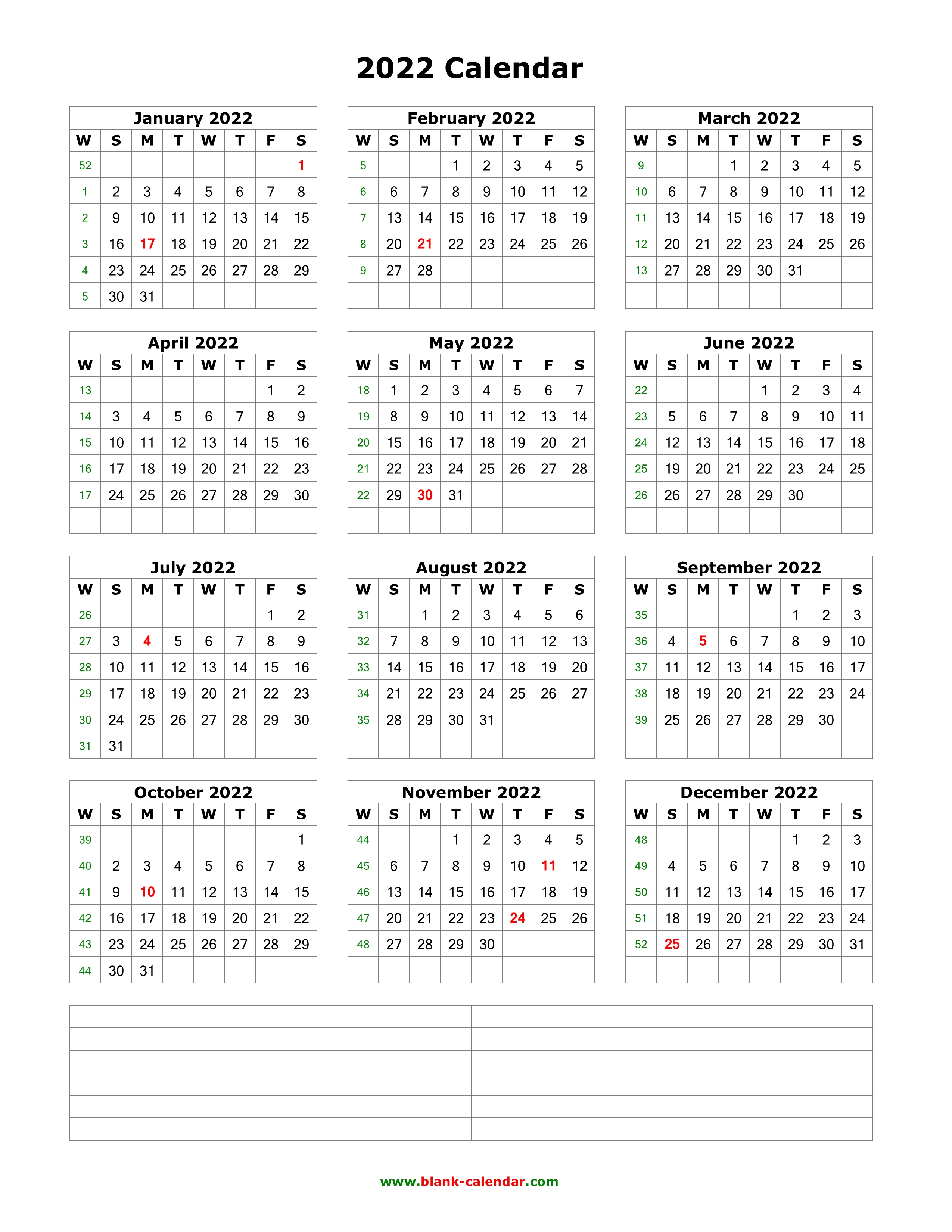 One Page Yearly Calendar 2022 Download Blank Calendar 2022 With Space For Notes (12 Months On One Page,  Vertical)