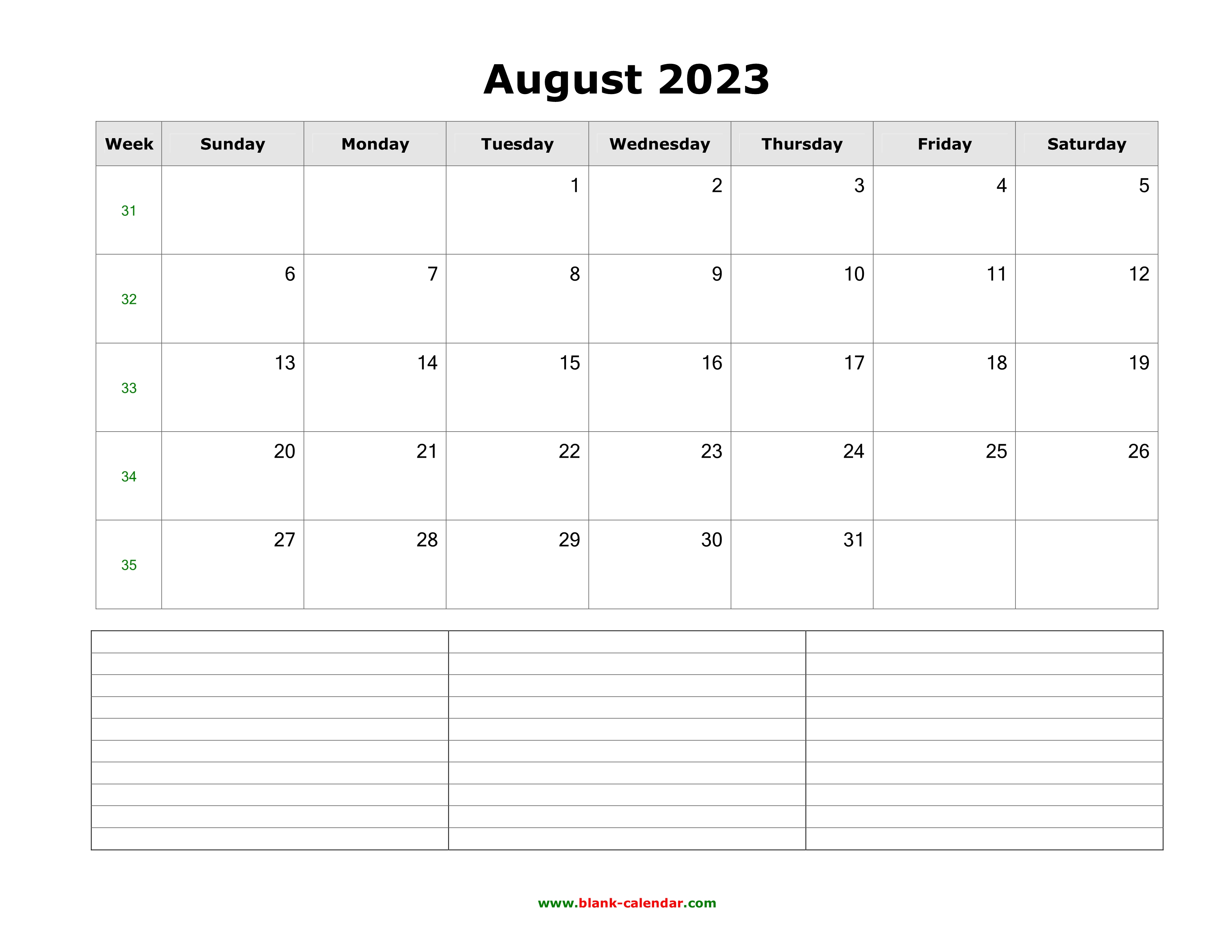 Download August 2023 Blank Calendar with Space for Notes (horizontal)
