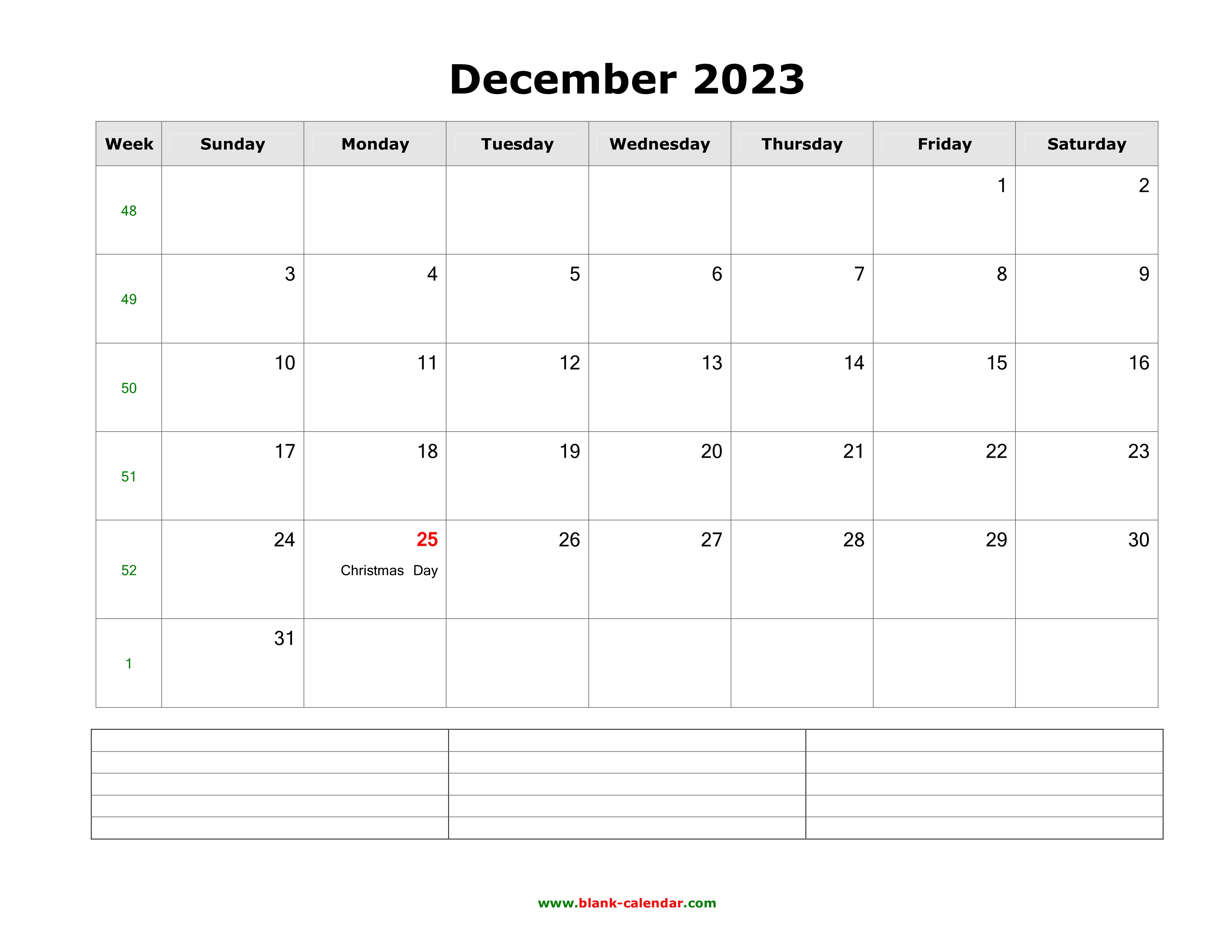 Printable Calendar December 2023 Landscape Download December 2023 Blank Calendar With Space For Notes (Horizontal)