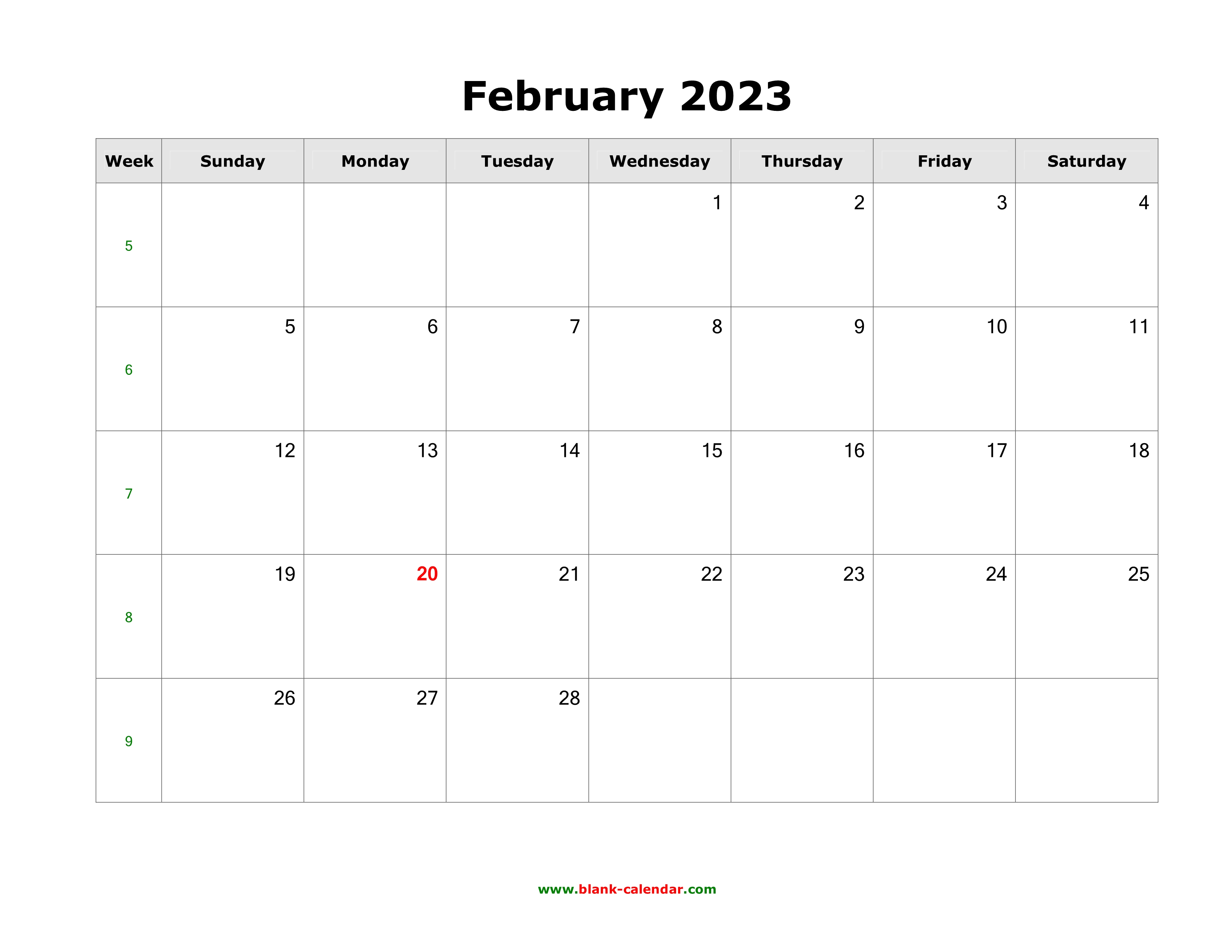 Download February 2023 Blank Calendar Horizontal