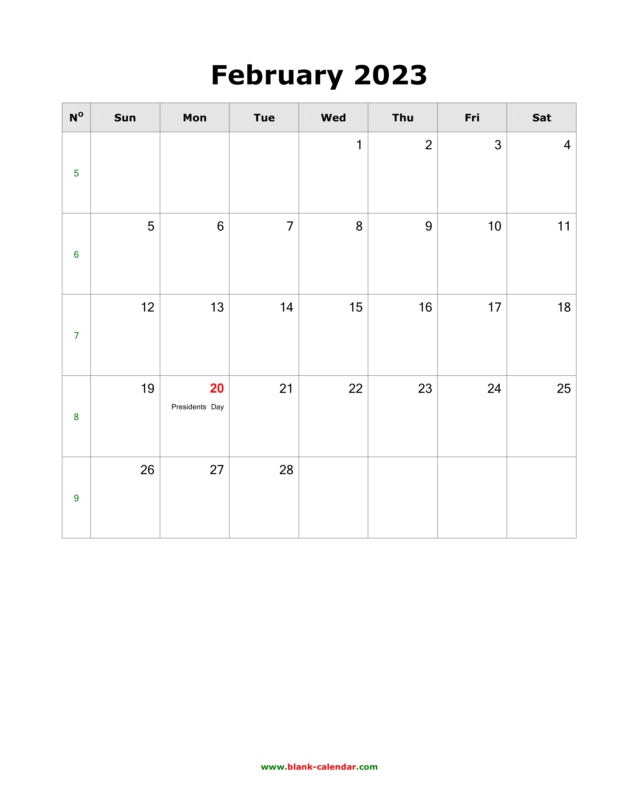 Download February 2023 Blank Calendar with US Holidays (vertical)