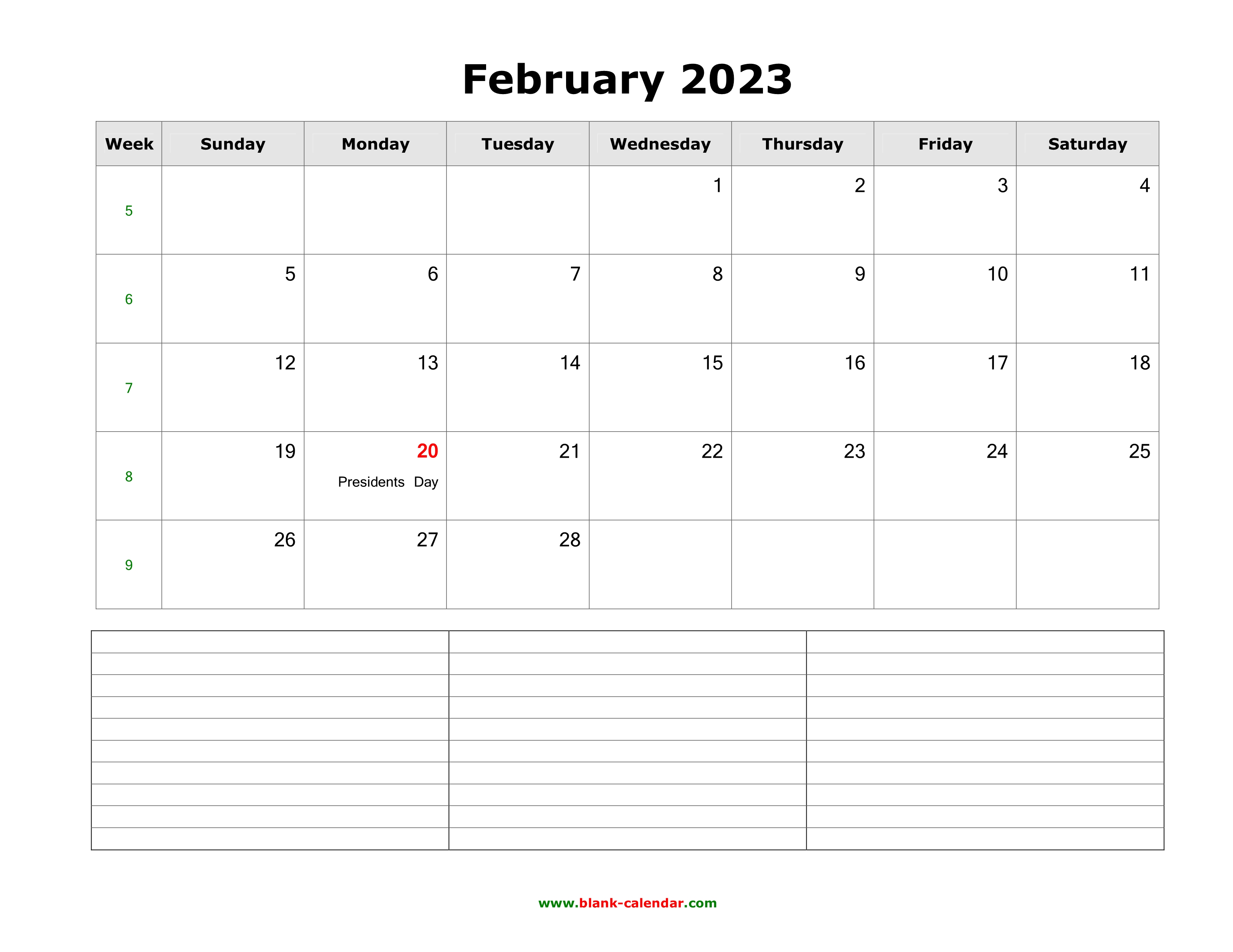 Download February 2023 Blank Calendar With Space For Notes Horizontal