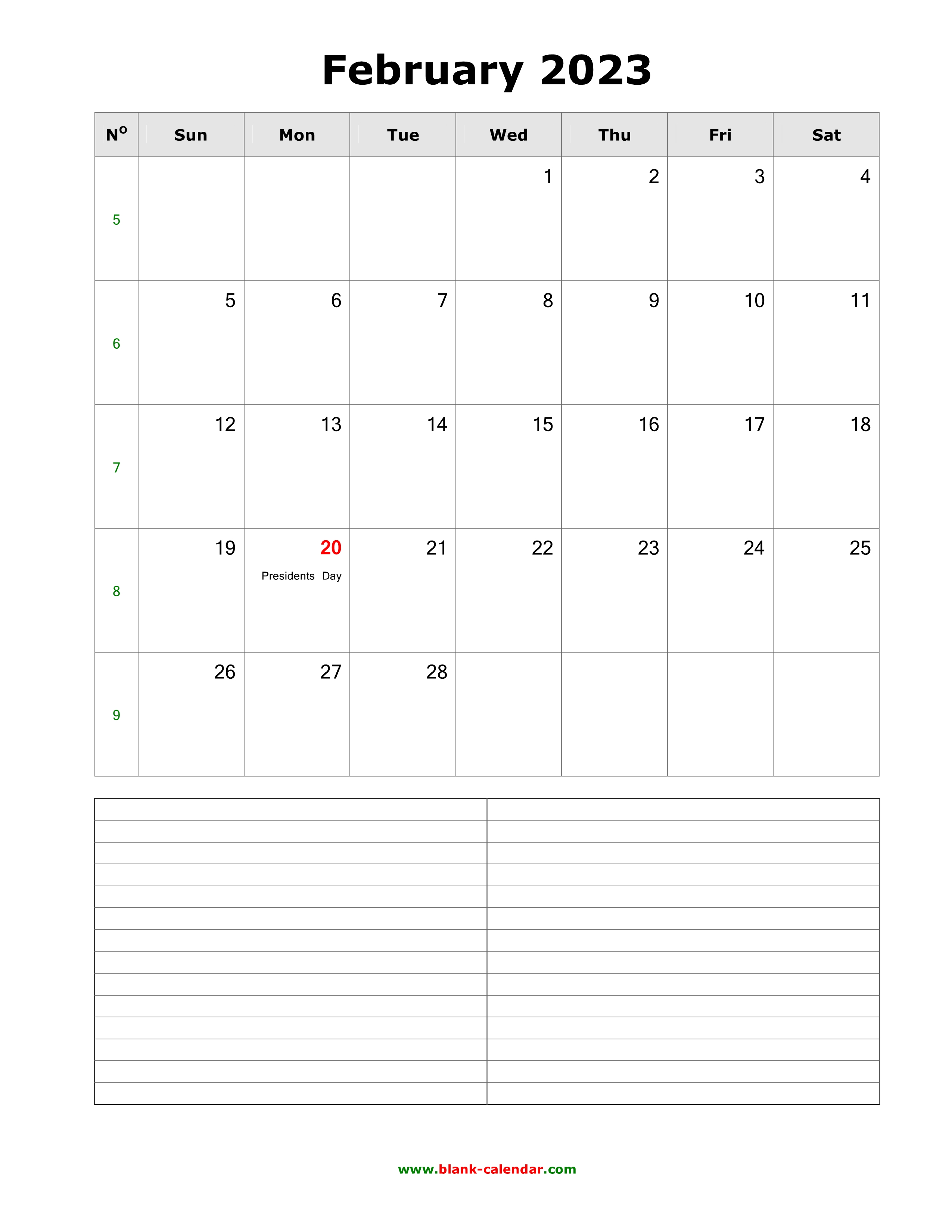 Download February 2023 Blank Calendar with Space for Notes (vertical)