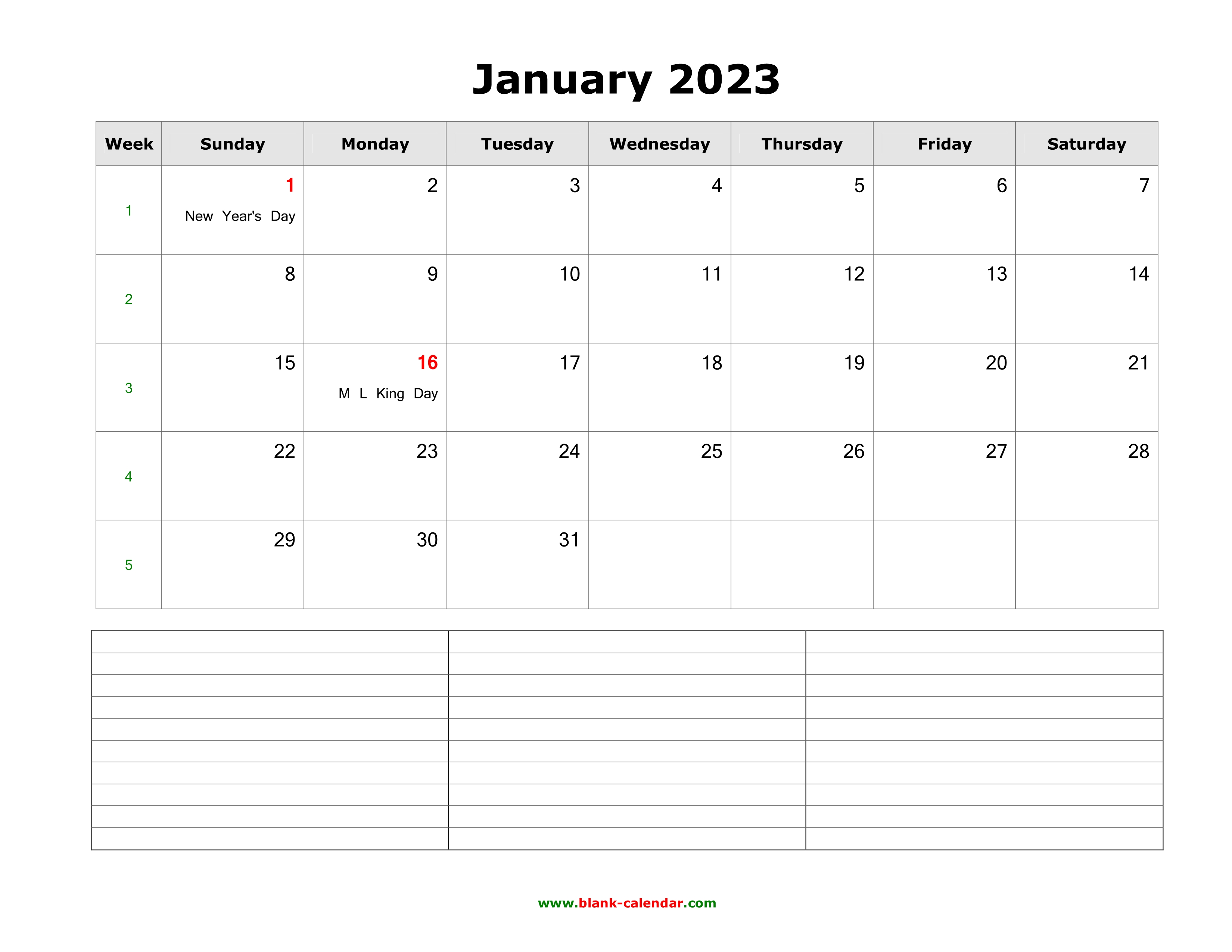 Download January 2023 Blank Calendar with Space for Notes (horizontal)