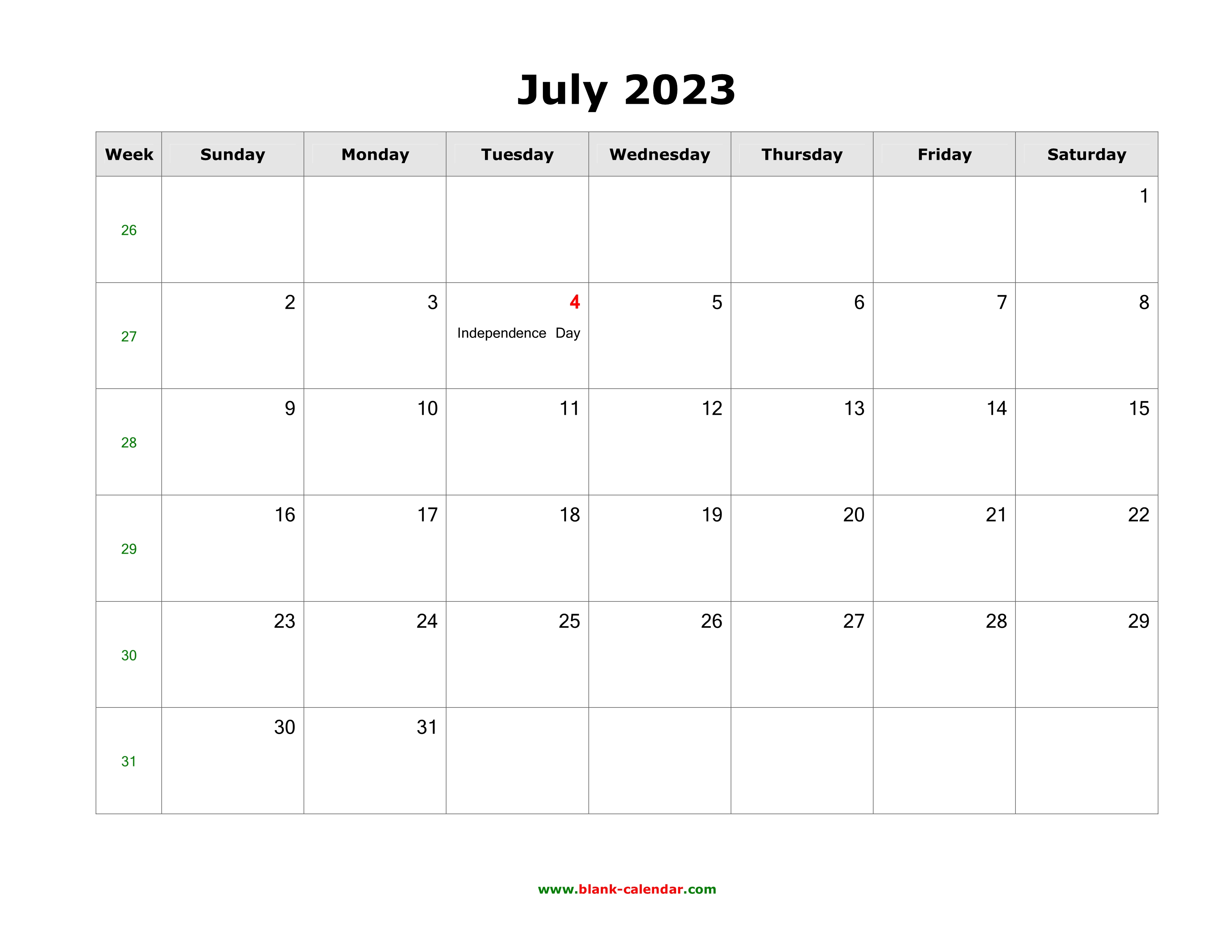 July 2023 Blank Calendar | Free Download Calendar Templates