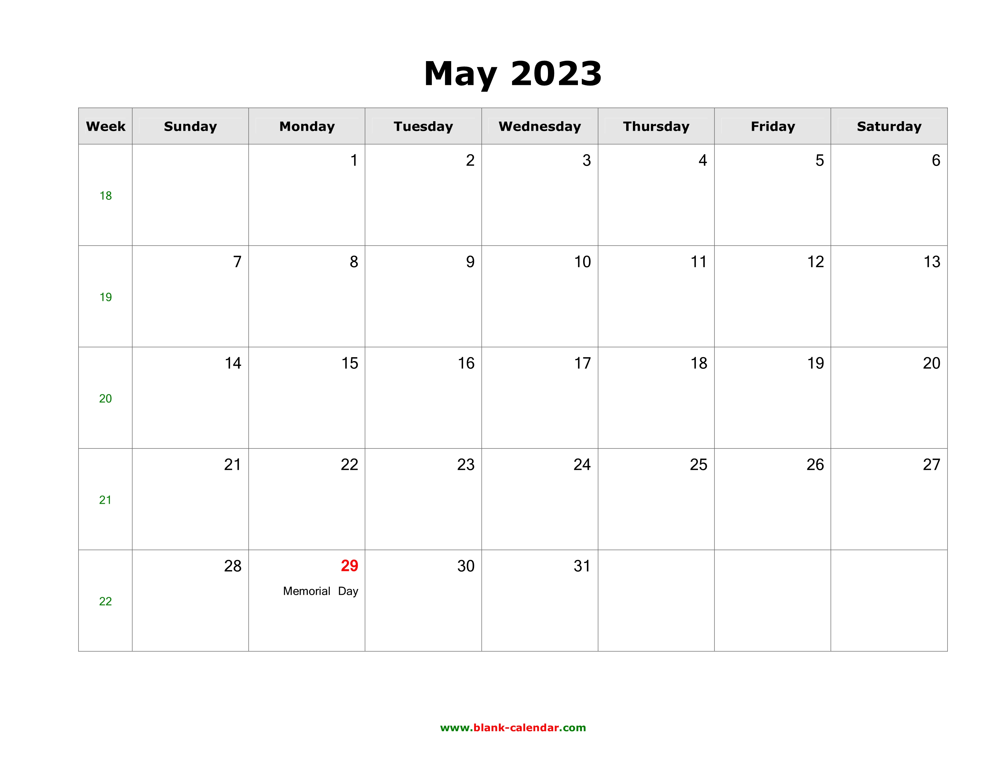 Blank May 2023 Calendar Download May 2023 Blank Calendar With Us Holidays (Horizontal)