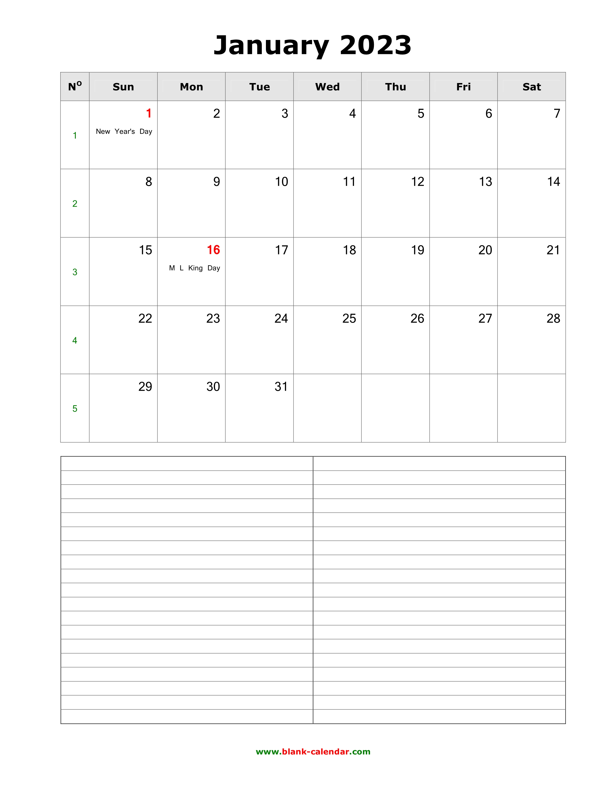 Download Blank Calendar 2023 with Space for Notes (12 pages, one month