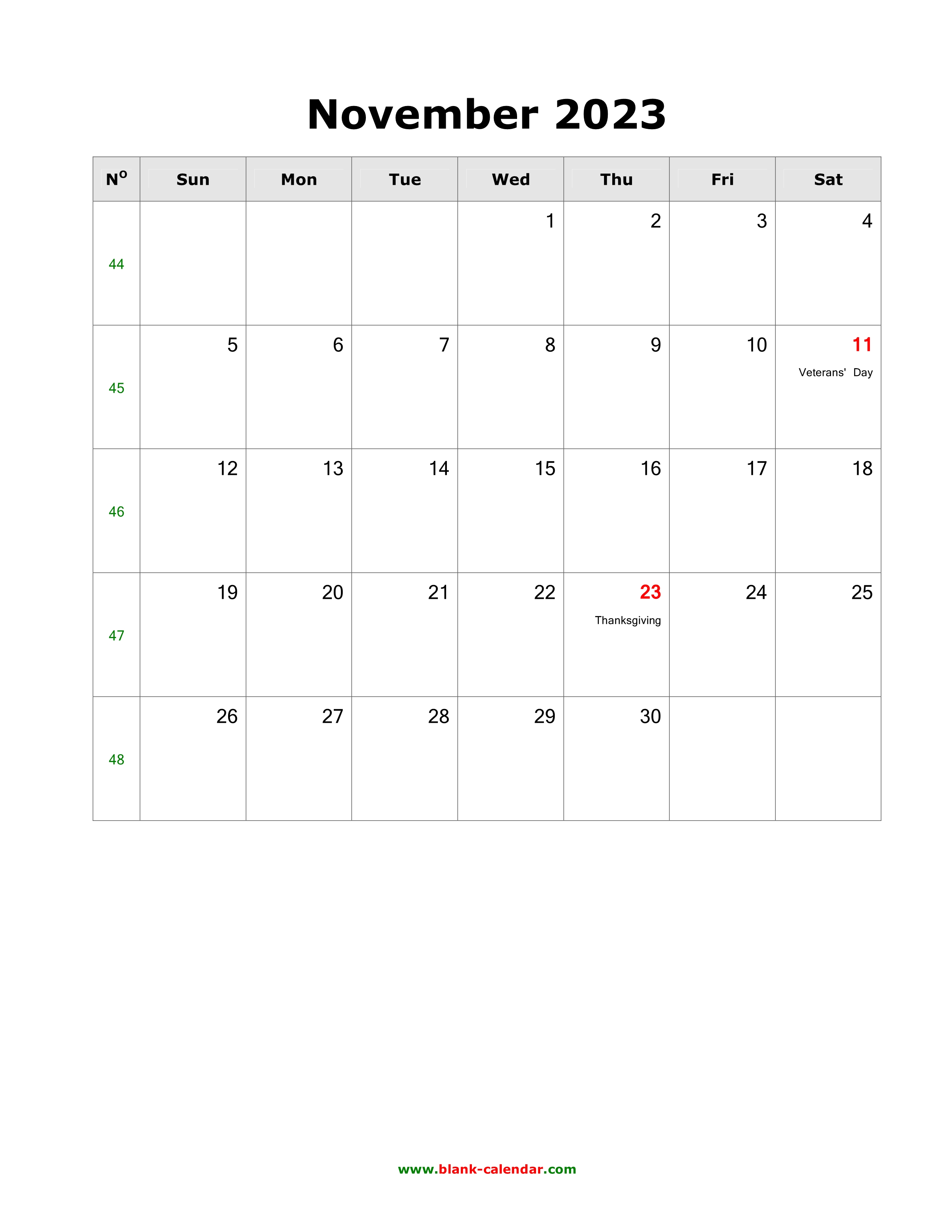 Download November 2023 Blank Calendar With Us Holidays Vertical
