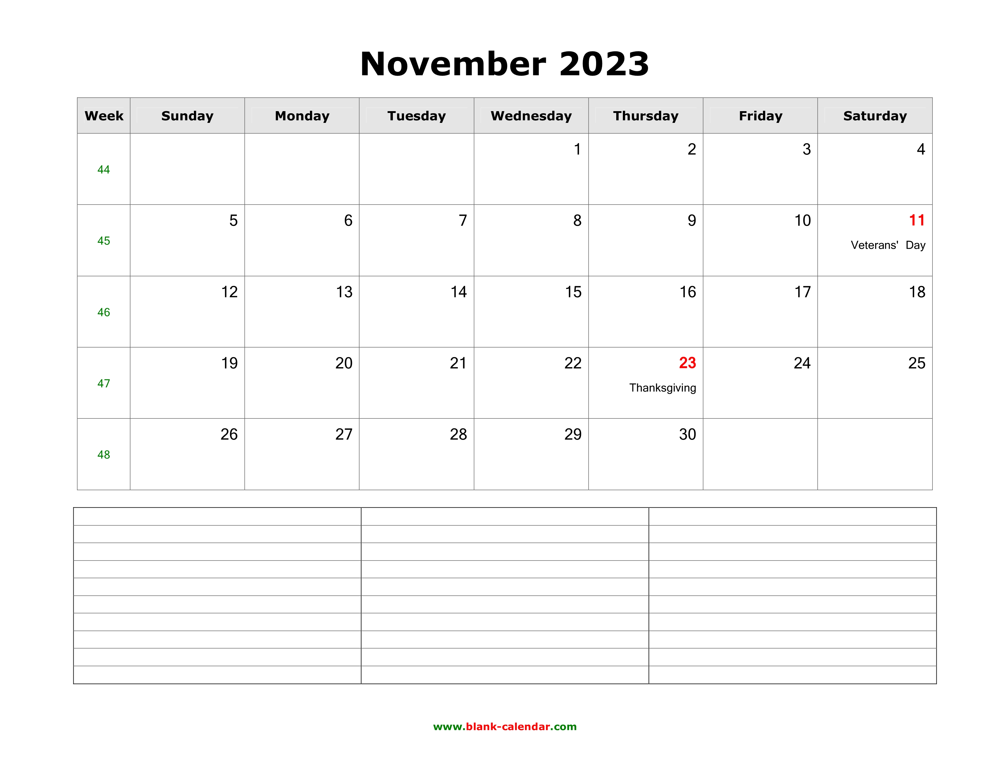 Printable Calendar November 2023 Landscape Download November 2023 Blank Calendar With Space For Notes (Horizontal)