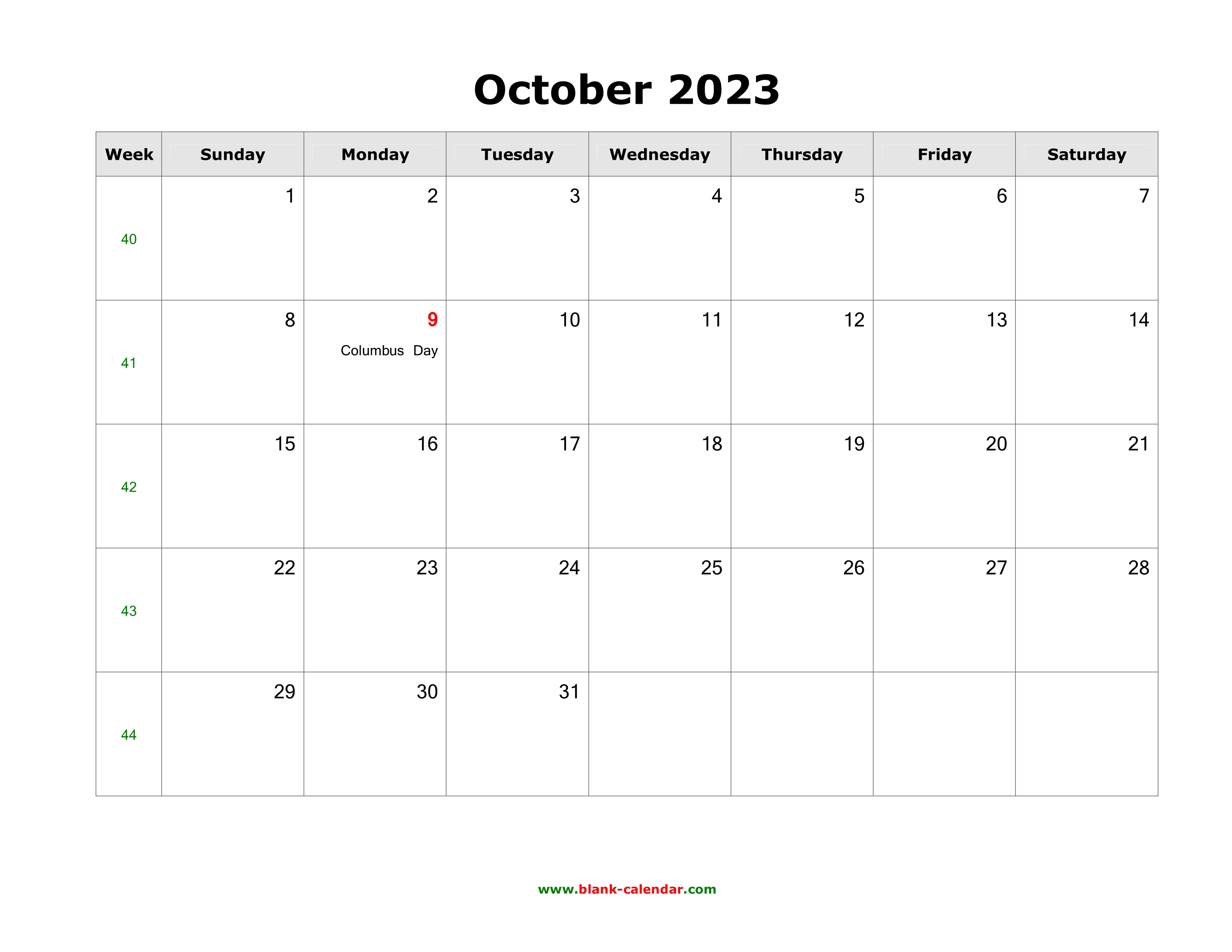 Download October 2023 Blank Calendar With Us Holidays (Horizontal)
