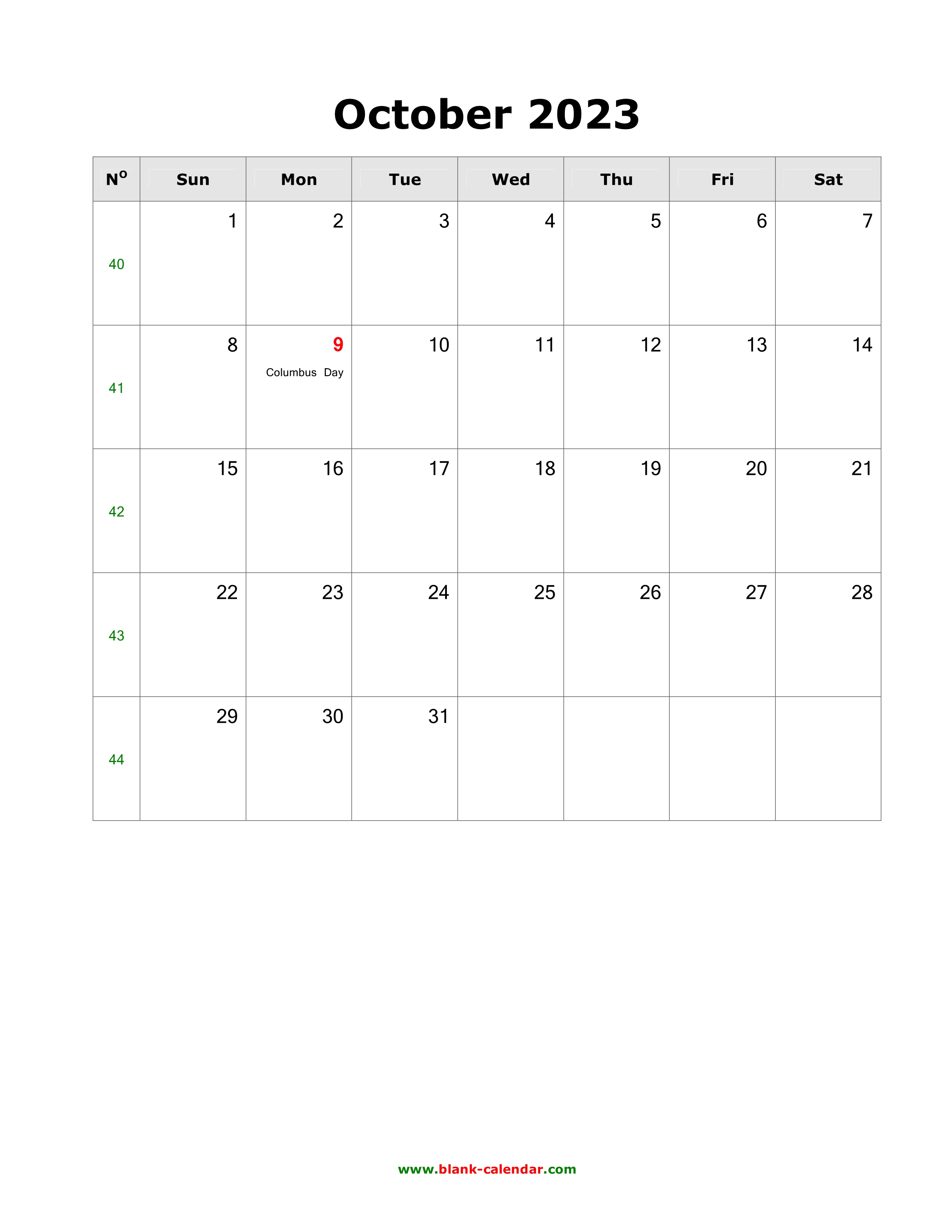 Download October 2023 Blank Calendar with US Holidays (vertical)