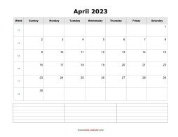 April 2023 Blank Calendar (horizontal, space for notes)
