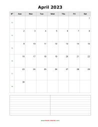 April 2023 Blank Calendar (vertical, space for notes)