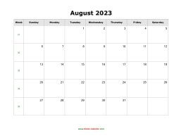 August 2023 Blank Calendar with US Holidays (horizontal)