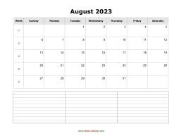 August 2023 Blank Calendar (horizontal, space for notes)