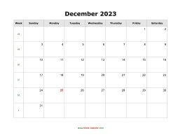 December 2023 Blank Calendar (horizontal)