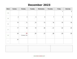 December 2023 Blank Calendar (horizontal, space for notes)