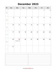 December 2023 Blank Calendar (vertical, space for notes)