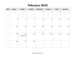 blank february holidays calendar 2023 landscape