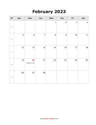 blank february holidays calendar 2023 portrait