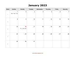 January 2023 Blank Calendar with US Holidays (horizontal)