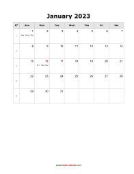 blank january holidays calendar 2023 portrait