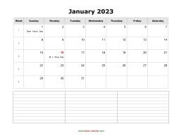 blank january calendar 2023 with notes landscape