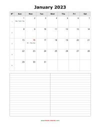 January 2023 Blank Calendar (vertical, space for notes)