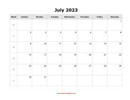 July 2023 Blank Calendar (horizontal)