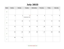 July 2023 Blank Calendar with US Holidays (horizontal)