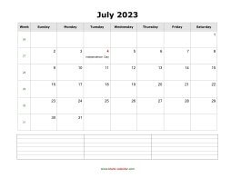blank july calendar 2023 with notes landscape
