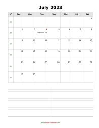 July 2023 Blank Calendar (vertical, space for notes)