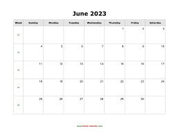 June 2023 Blank Calendar (horizontal)