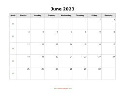blank june holidays calendar 2023 landscape
