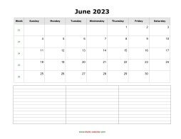 June 2023 Blank Calendar (horizontal, space for notes)
