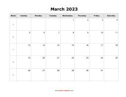 blank march holidays calendar 2023 landscape