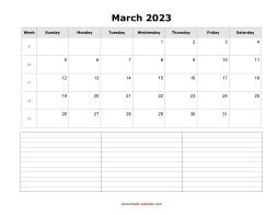 March 2023 Blank Calendar (horizontal, space for notes)