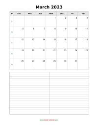 March 2023 Blank Calendar (vertical, space for notes)