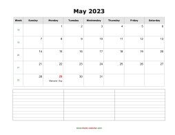 May 2023 Blank Calendar (horizontal, space for notes)