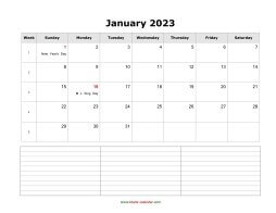 blank monthly calendar 2023 with notes landscape