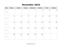 November 2023 Blank Calendar (horizontal)