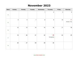 November 2023 Blank Calendar with US Holidays (horizontal)