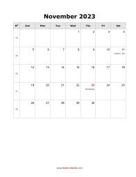 November 2023 Blank Calendar (US Holidays, vertical)
