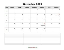 blank november calendar 2023 with notes landscape