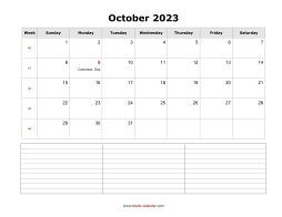 blank october calendar 2023 with notes landscape