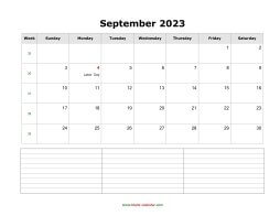 September 2023 Blank Calendar (horizontal, space for notes)